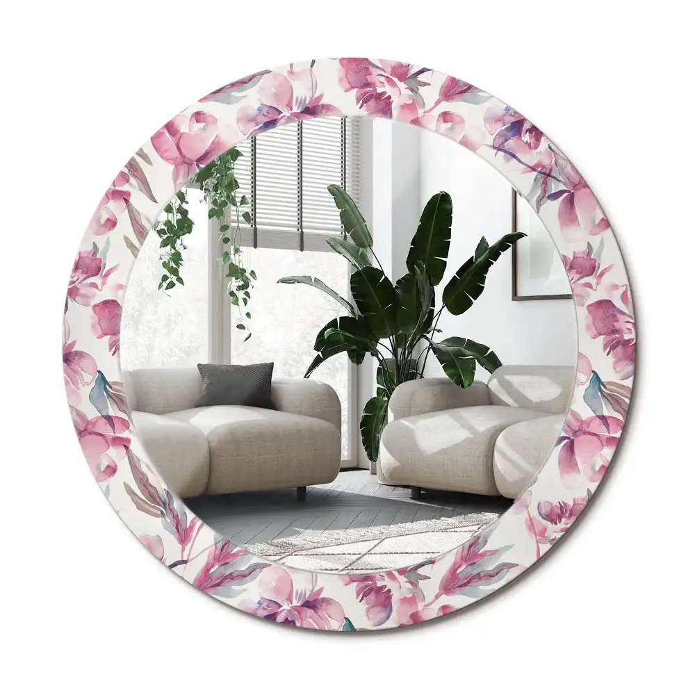 Rund spegel med tryckt ram Pionblommor