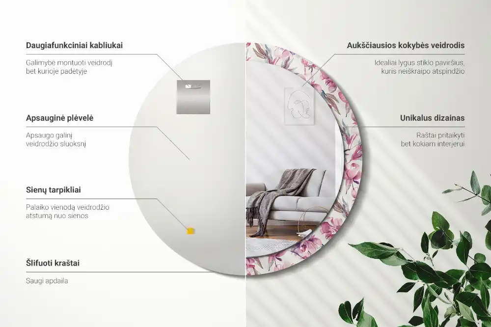 Rund spegel med tryckt ram Pionblommor