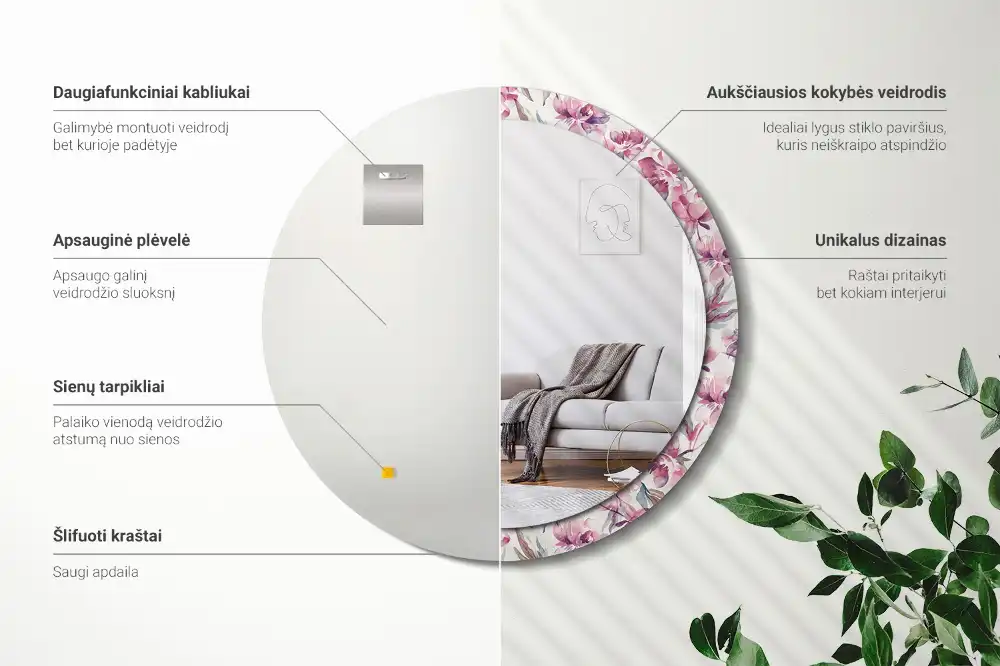 Rund spegel med tryckt ram Pionblommor