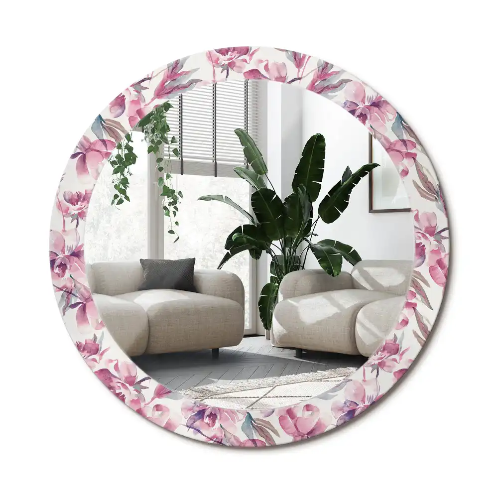 Rund spegel med tryckt ram Pionblommor