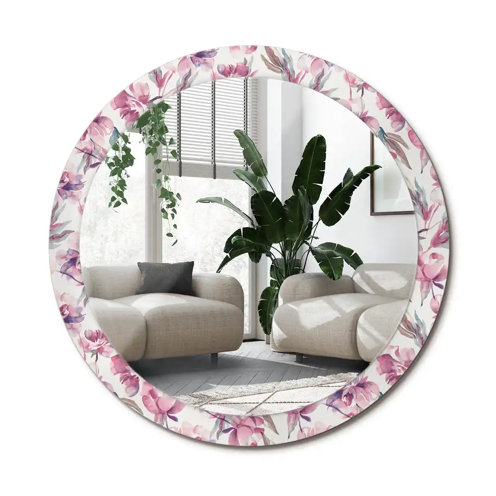 Rund spegel med tryckt ram Pionblommor