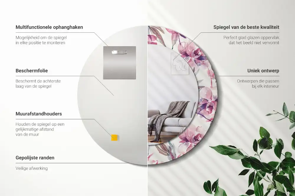 Rund spegel med tryckt ram Pionblommor