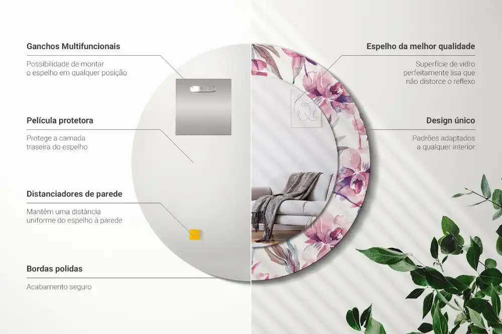 Rund spegel med tryckt ram Pionblommor