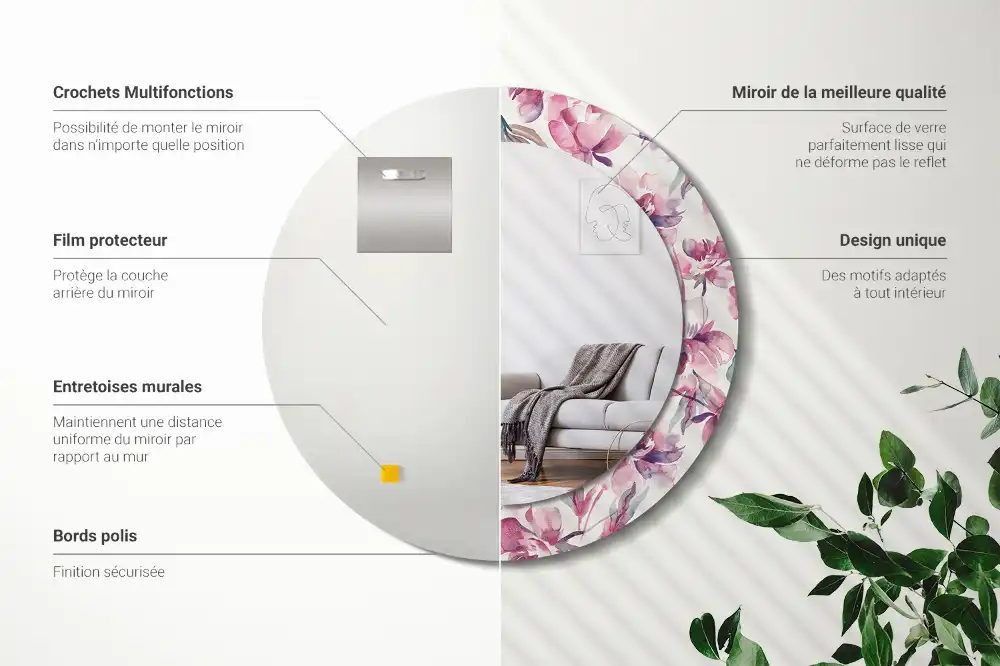 Rund spegel med tryckt ram Pionblommor