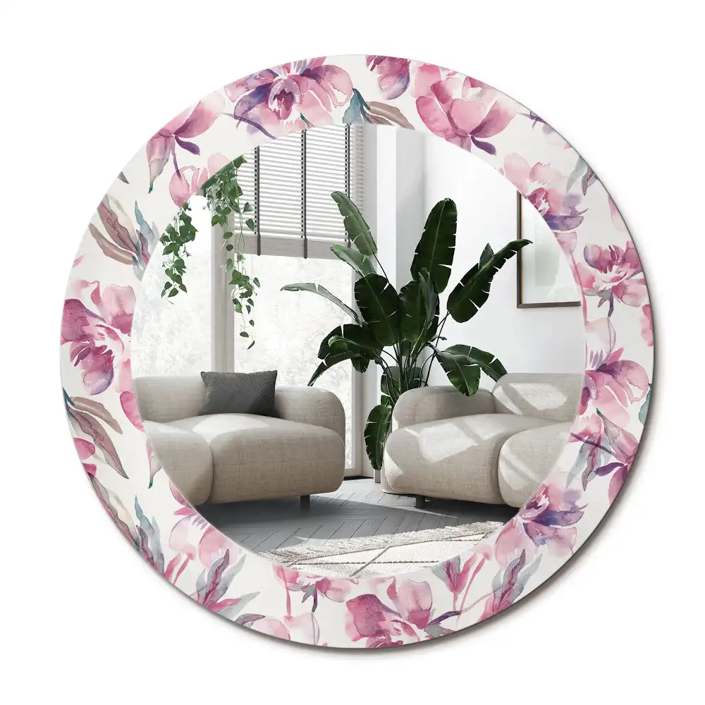 Rund spegel med tryckt ram Pionblommor