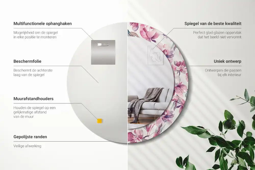 Rund spegel med tryckt ram Pionblommor