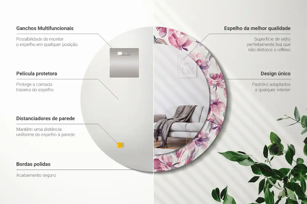 Rund spegel med tryckt ram Pionblommor