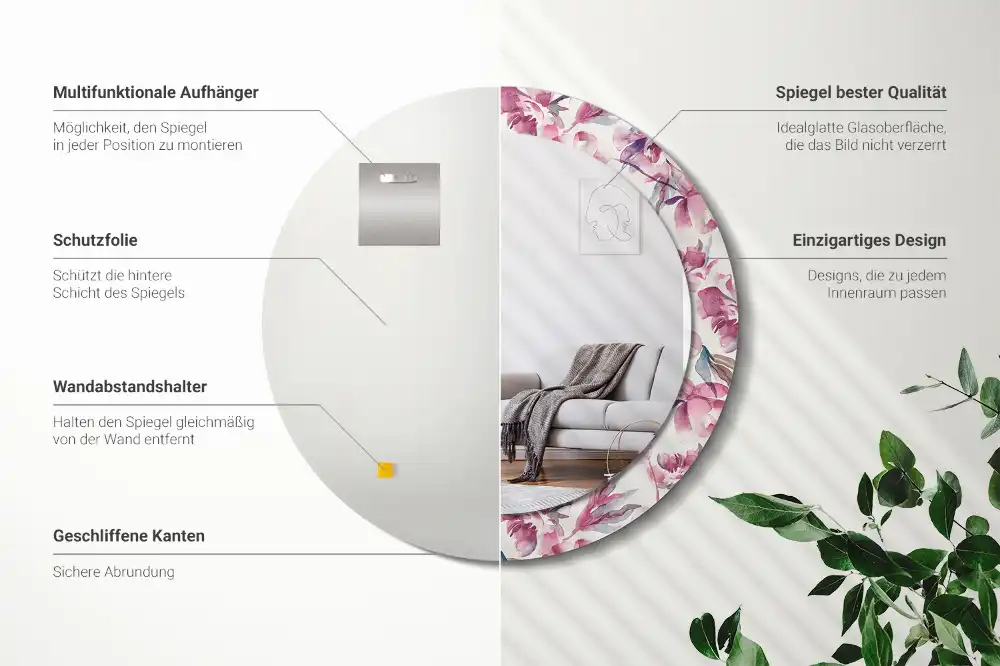 Rund spegel med tryckt ram Pionblommor