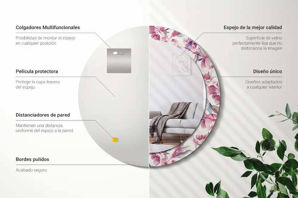 Rund spegel med tryckt ram Pionblommor