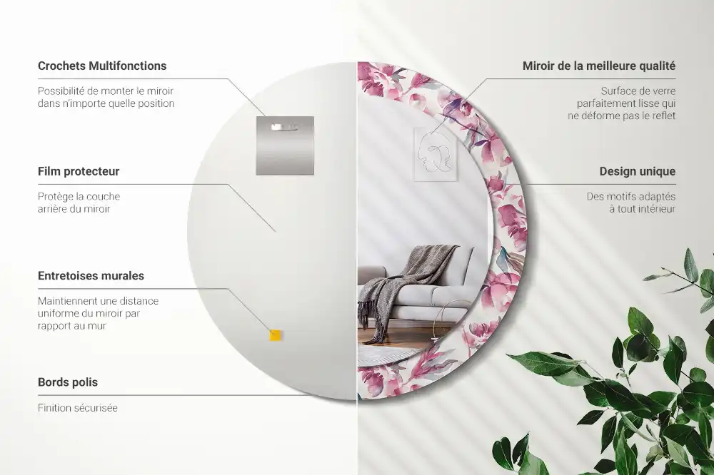 Rund spegel med tryckt ram Pionblommor