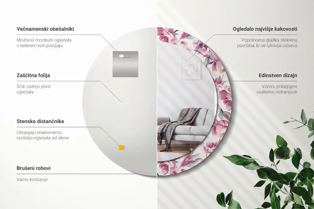 Rund spegel med tryckt ram Pionblommor