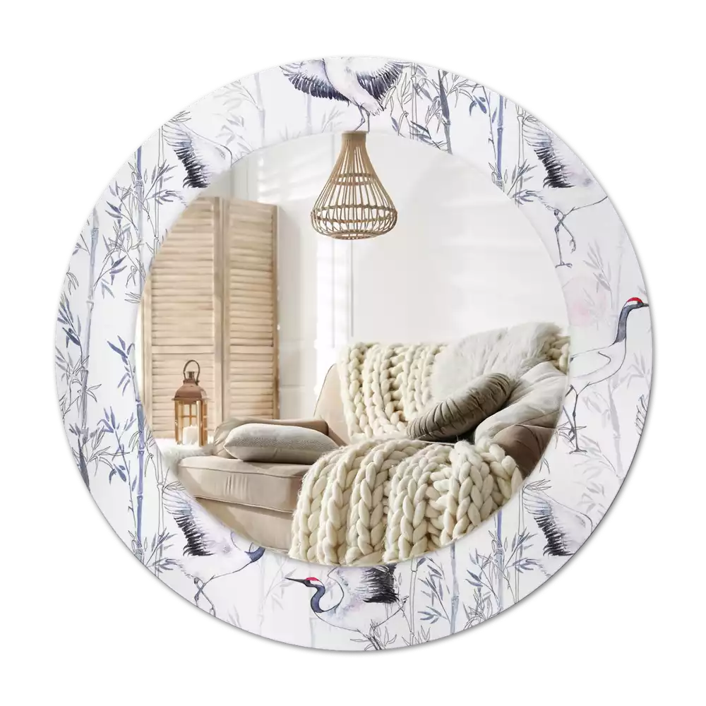 Rond spegel med tryckt ram Tranfåglar