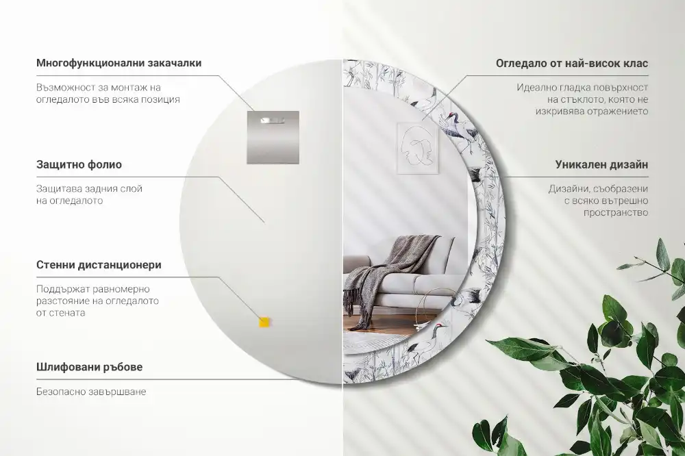 Rund spegel med tryckt ram Tranfåglar