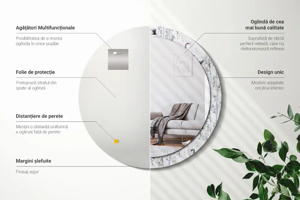 Rund spegel med tryckt ram Tranfåglar