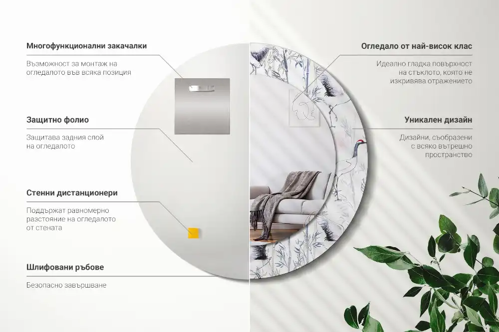 Rund spegel med tryckt ram Tranfåglar