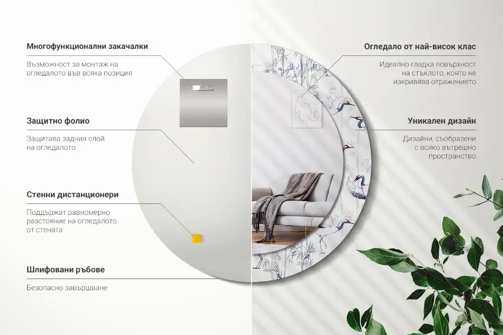 Rund spegel med tryckt ram Tranfåglar