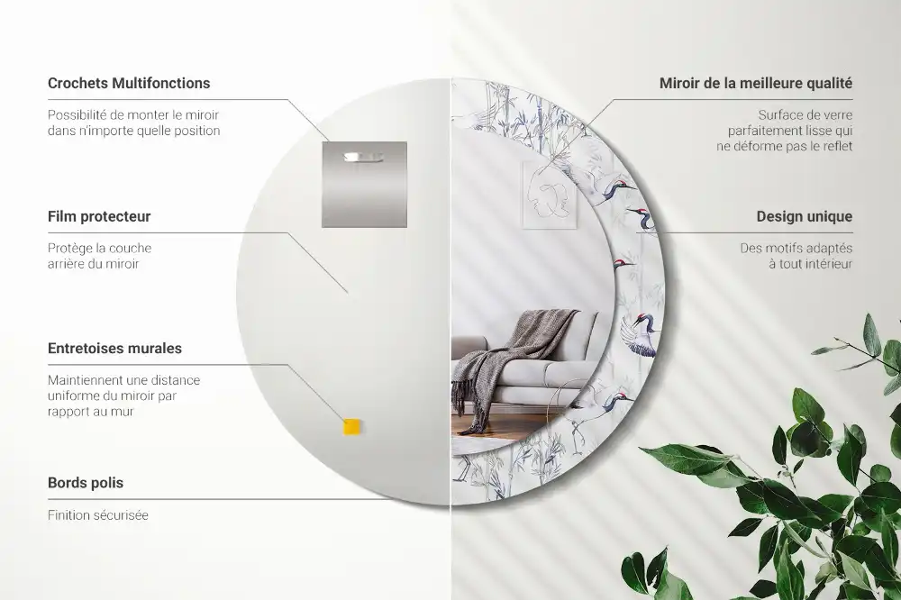 Rund spegel med tryckt ram Tranfåglar