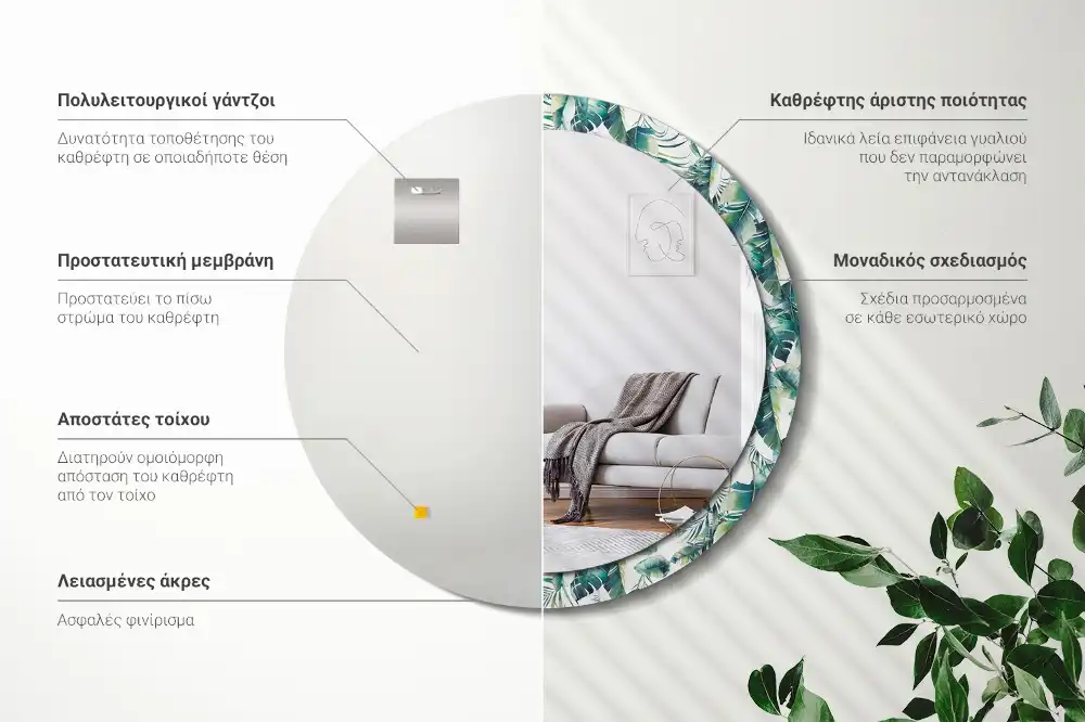 Rund spegel med tryckt ram Blad