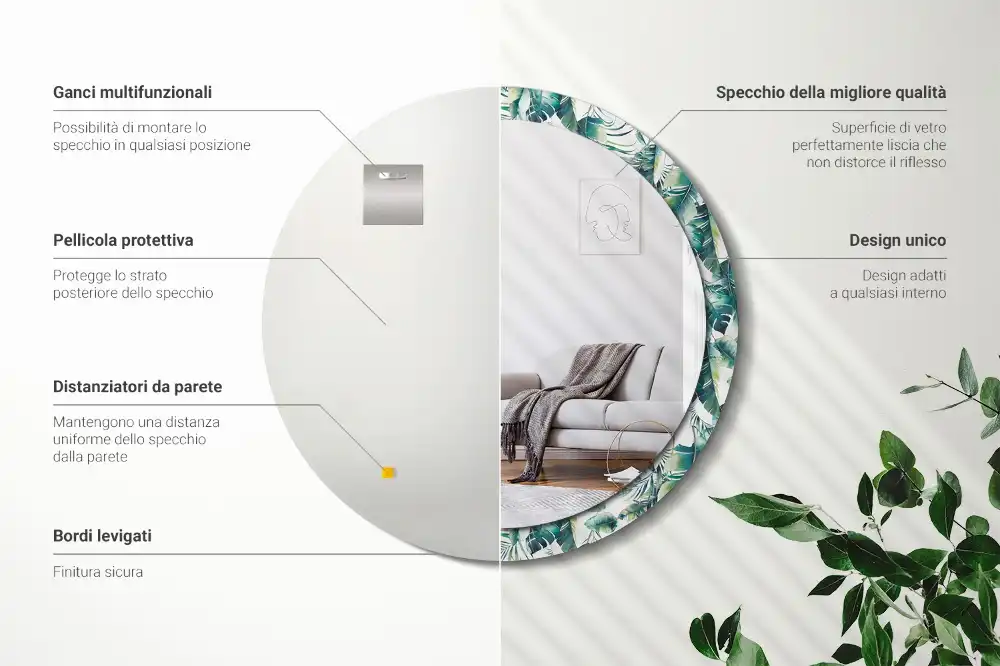 Rund spegel med tryckt ram Blad