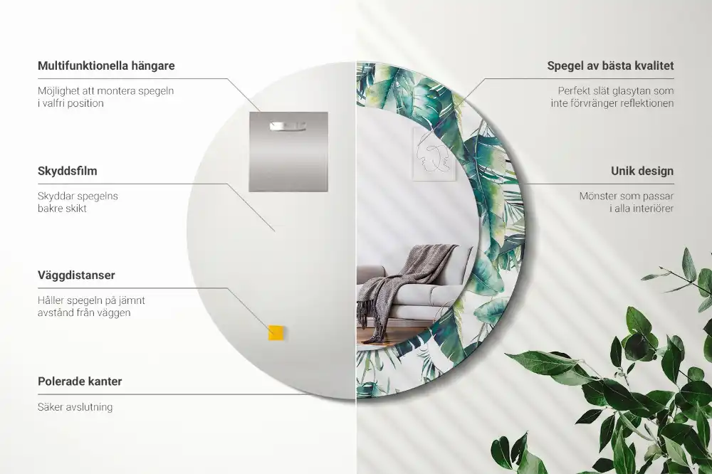 Rund spegel med tryckt ram Blad