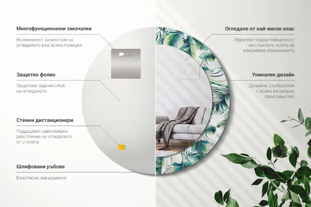 Rund spegel med tryckt ram Blad