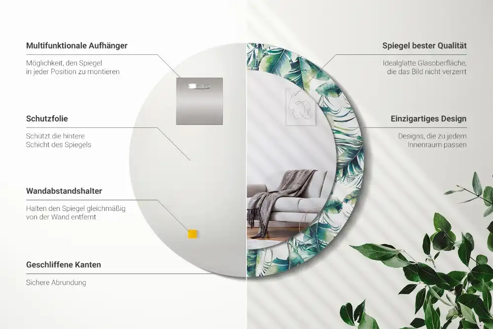 Rund spegel med tryckt ram Blad