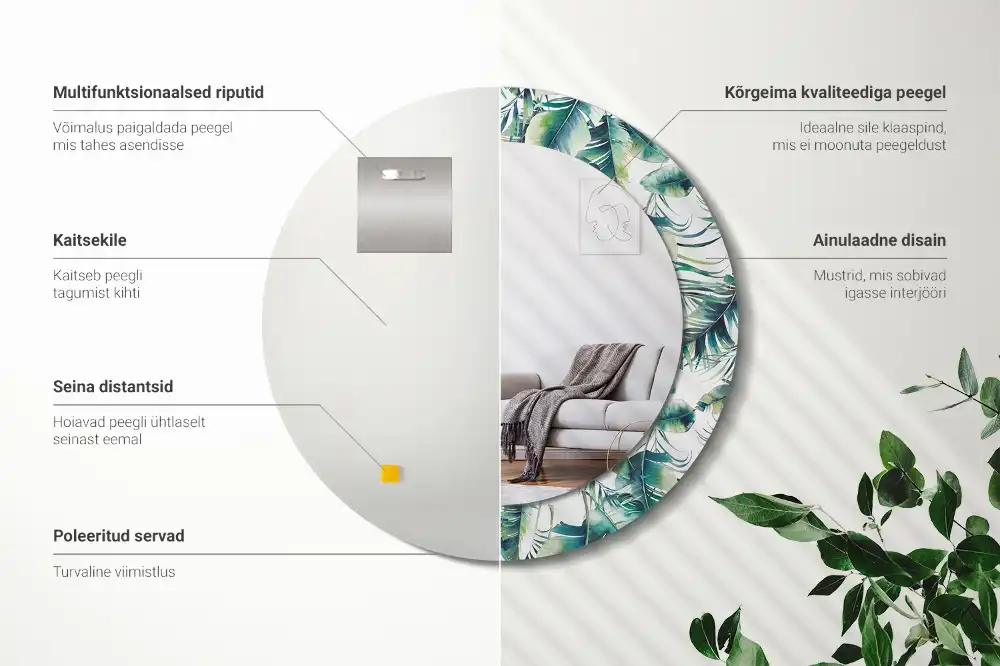 Rund spegel med tryckt ram Blad