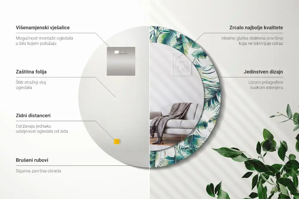 Rund spegel med tryckt ram Blad