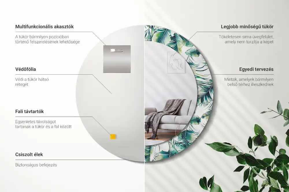 Rund spegel med tryckt ram Blad