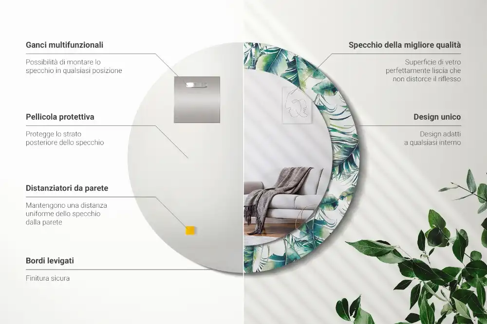 Rund spegel med tryckt ram Blad