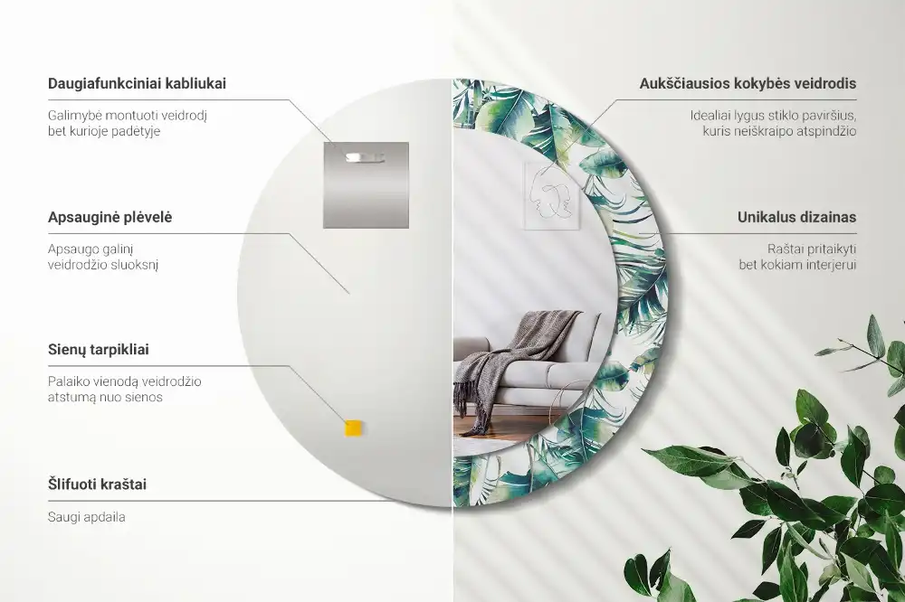 Rund spegel med tryckt ram Blad