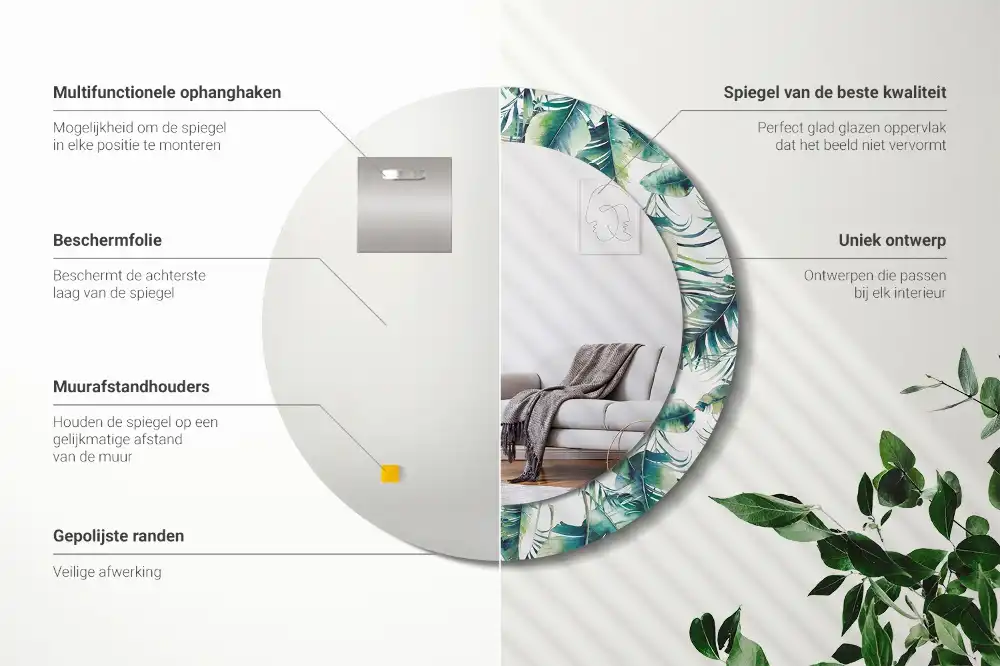 Rund spegel med tryckt ram Blad