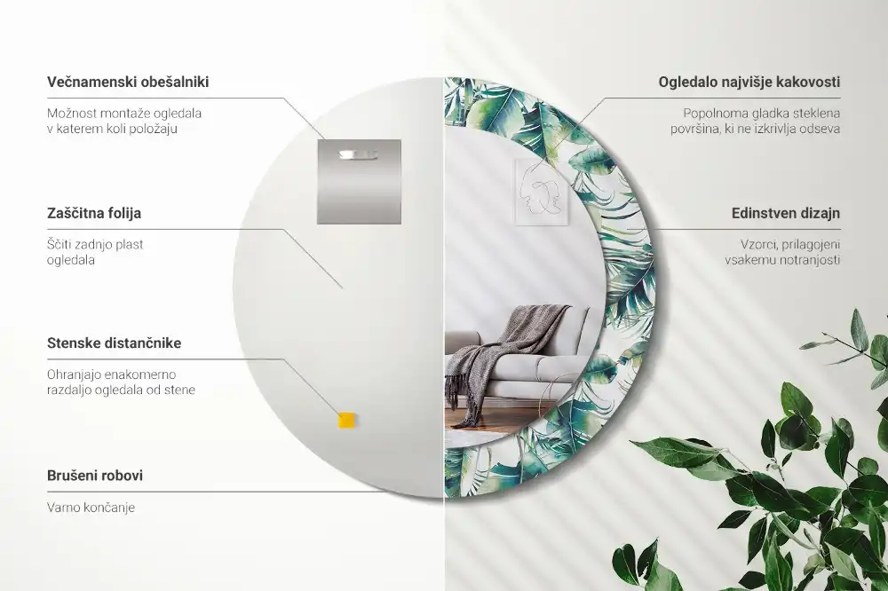 Rund spegel med tryckt ram Blad