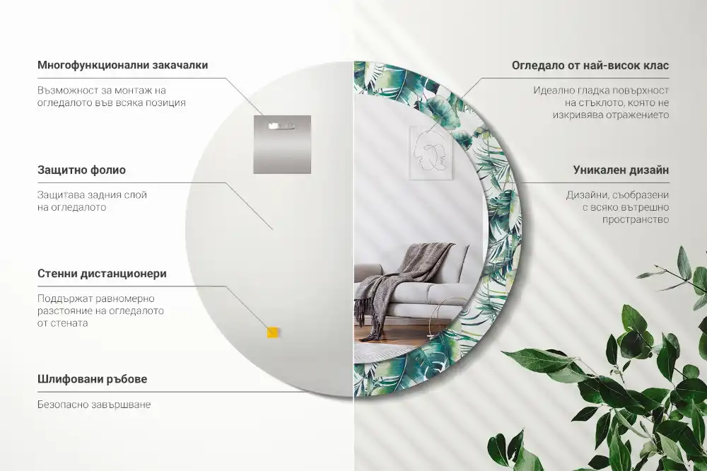 Rund spegel med tryckt ram Blad