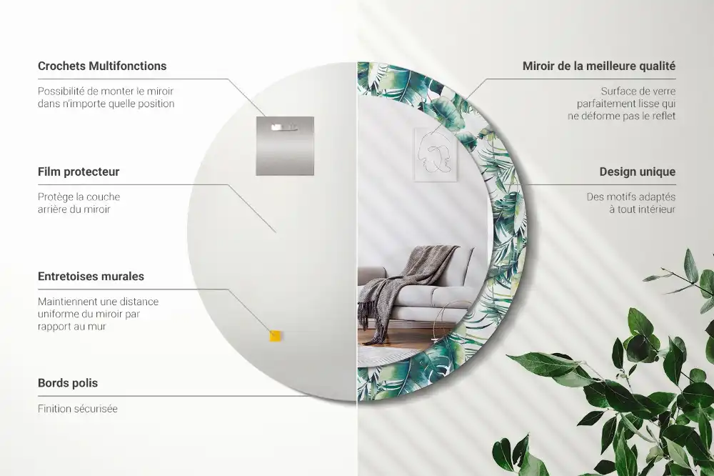 Rund spegel med tryckt ram Blad