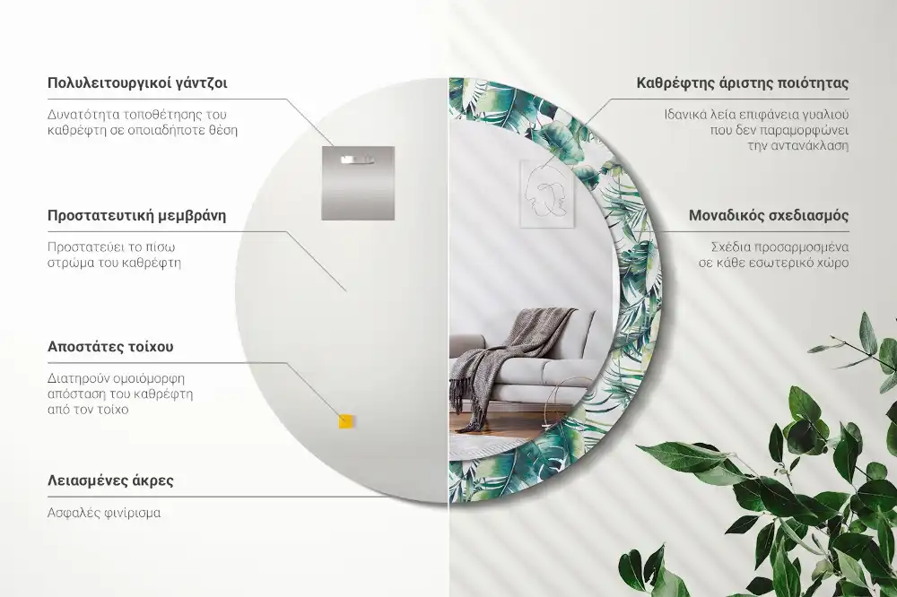 Rund spegel med tryckt ram Blad