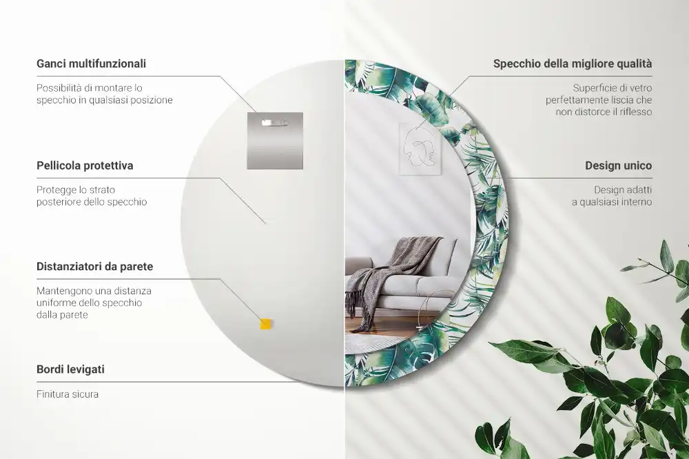 Rund spegel med tryckt ram Blad