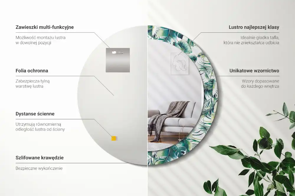 Rund spegel med tryckt ram Blad