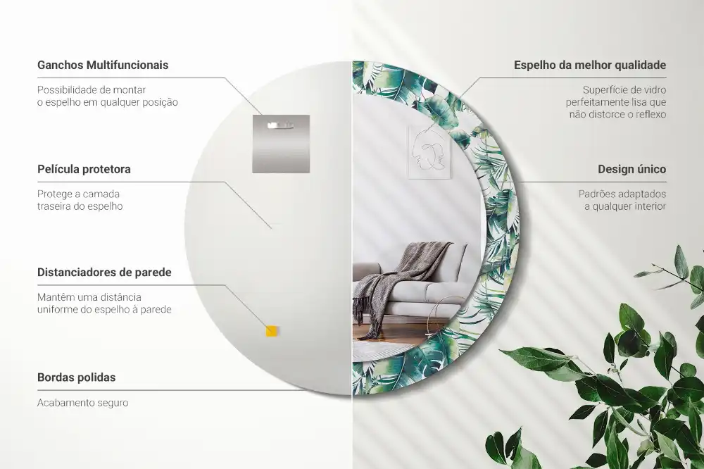 Rund spegel med tryckt ram Blad