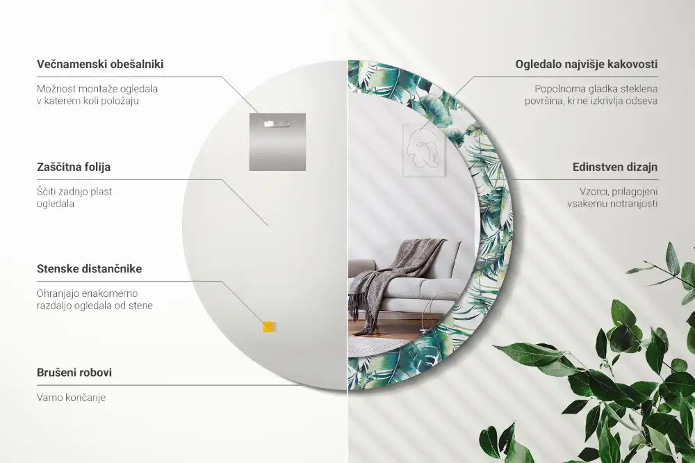 Rund spegel med tryckt ram Blad