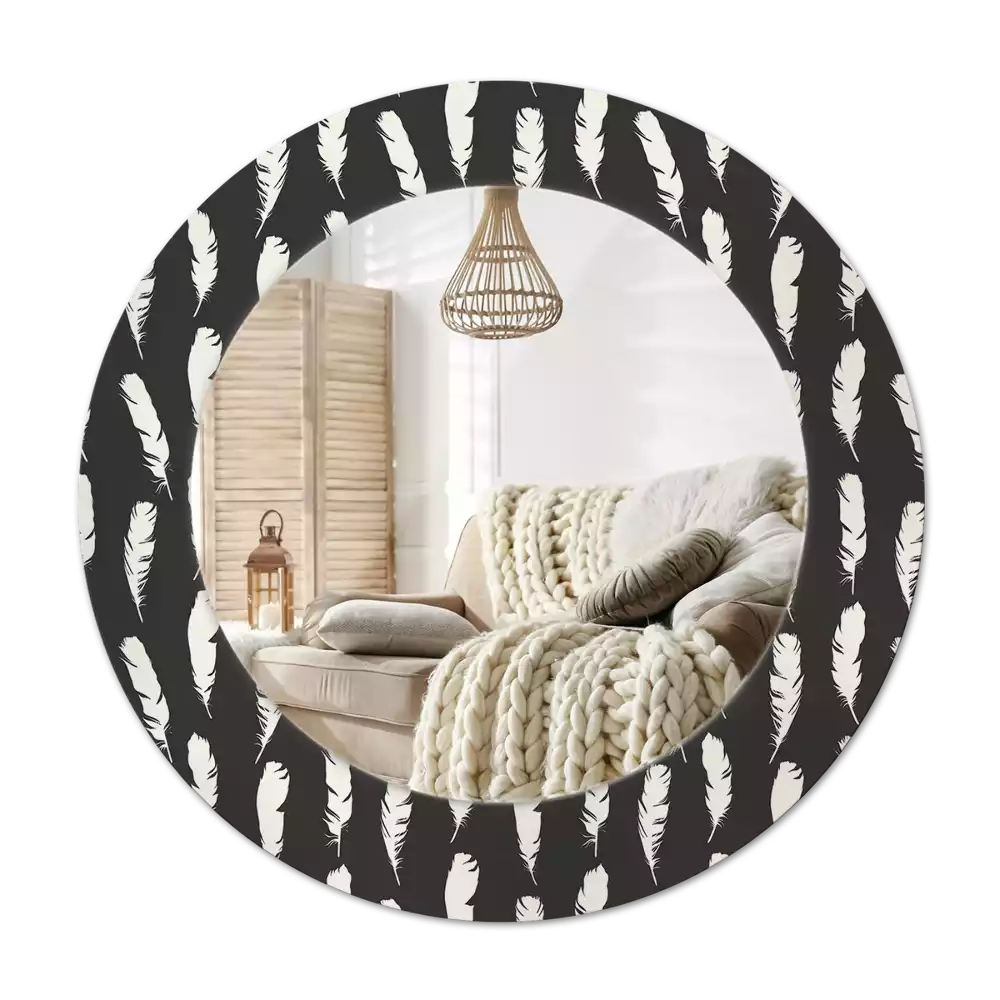 Rond spegel med tryckt ram Svarta och vita fjädrar