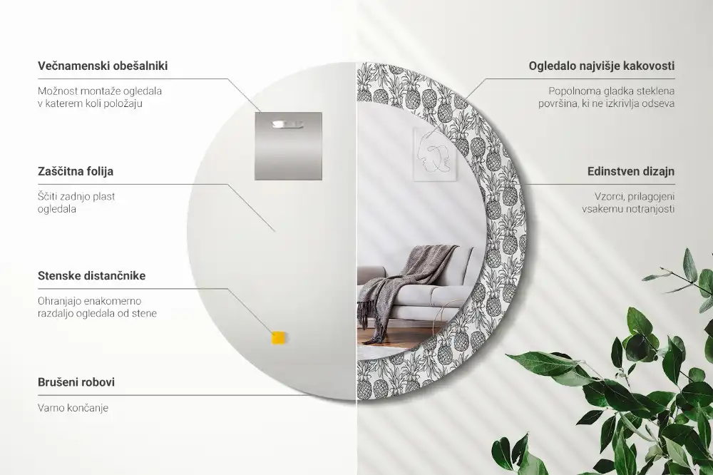 Rund spegel med tryckt ram Ananas