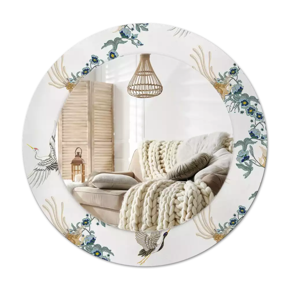 Rund spegel med tryckt kinesiska fåglar