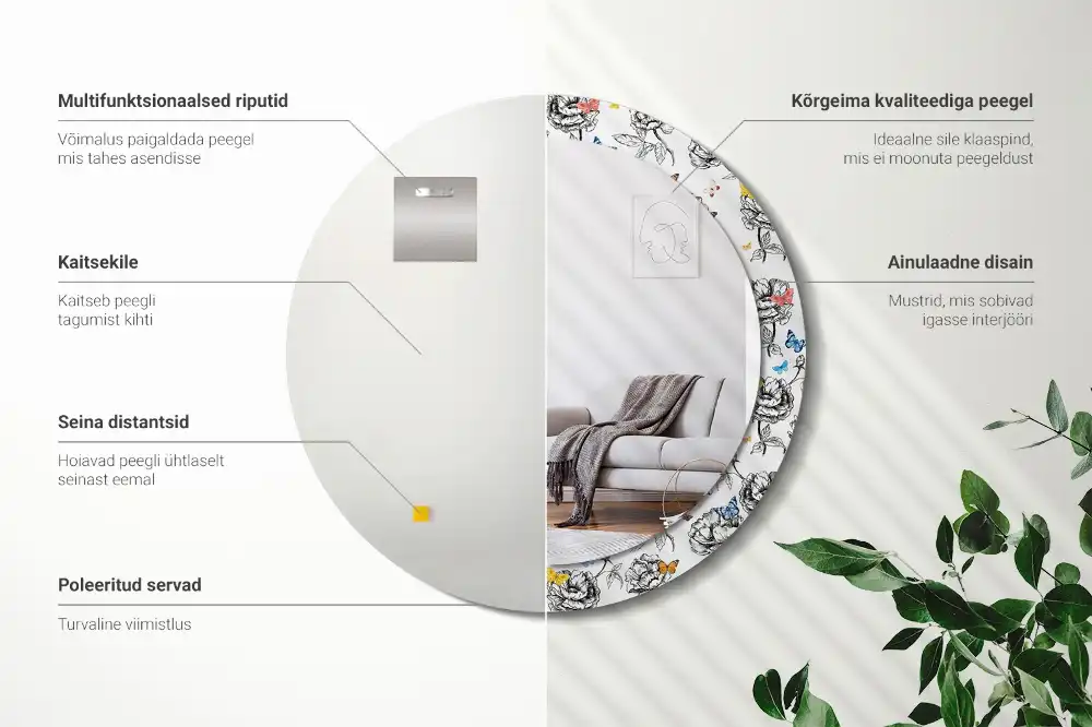 Rund spegel med tryckt ram Färgglada fjärilar