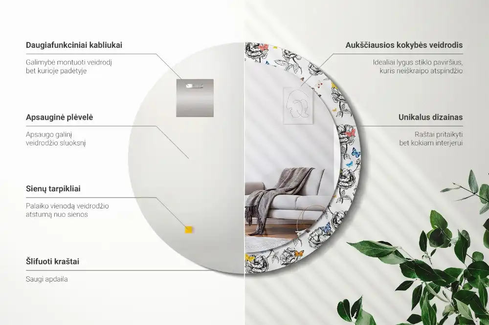 Rund spegel med tryckt ram Färgglada fjärilar