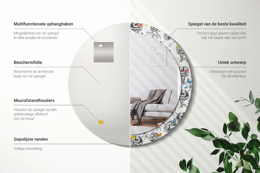 Rund spegel med tryckt ram Färgglada fjärilar