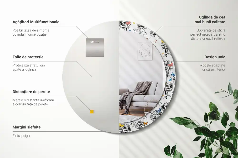 Rund spegel med tryckt ram Färgglada fjärilar