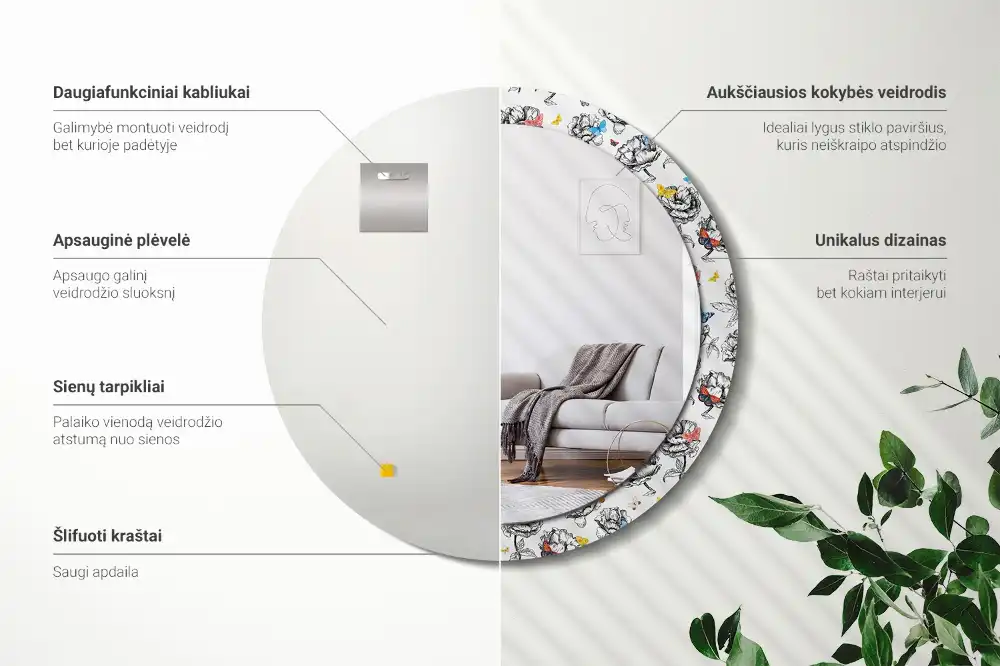 Rund spegel med tryckt ram Färgglada fjärilar