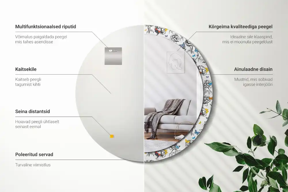 Rund spegel med tryckt ram Färgglada fjärilar