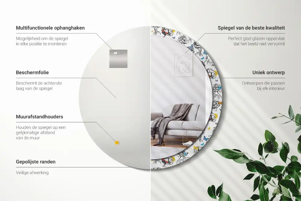 Rund spegel med tryckt ram Färgglada fjärilar